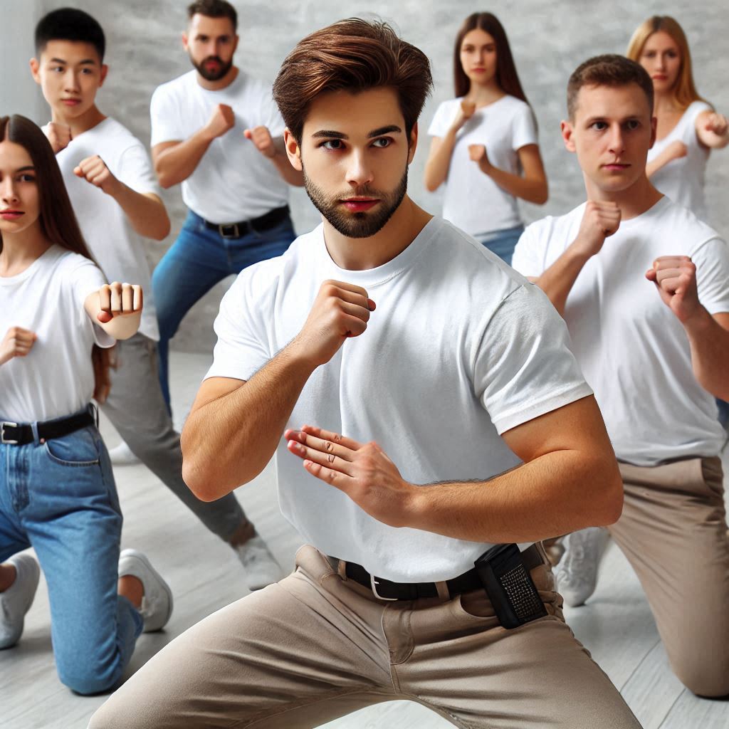 self-defense class participants in standard street clothes