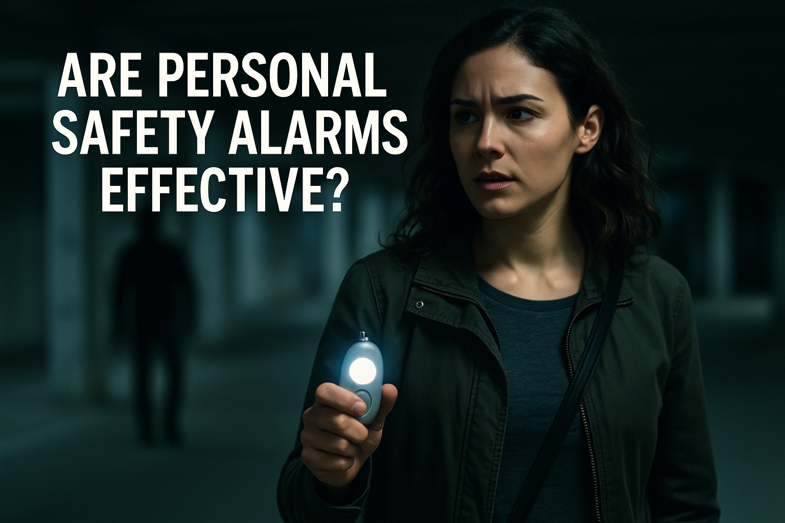 A concerned woman holding a glowing personal safety alarm walks through a dimly lit urban alley at night, with a shadowy figure in the background. Large text reads: 'ARE PERSONAL SAFETY ALARMS EFFECTIVE?'