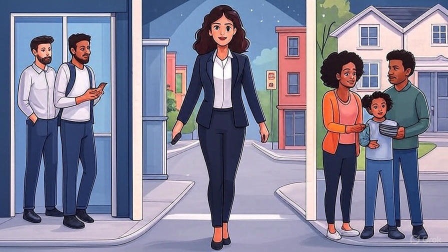 A modern flat illustration with a navy blue background, white and orange accents, in a 16:9 ratio, depicting diverse people practicing personal safety fundamentals in everyday environments. A woman in a suit scans her surroundings while walking on a street, two men identify exits in a building, and a family discusses safety outside a house. Other individuals, including children, are shown observing their surroundings, emphasizing situational awareness.