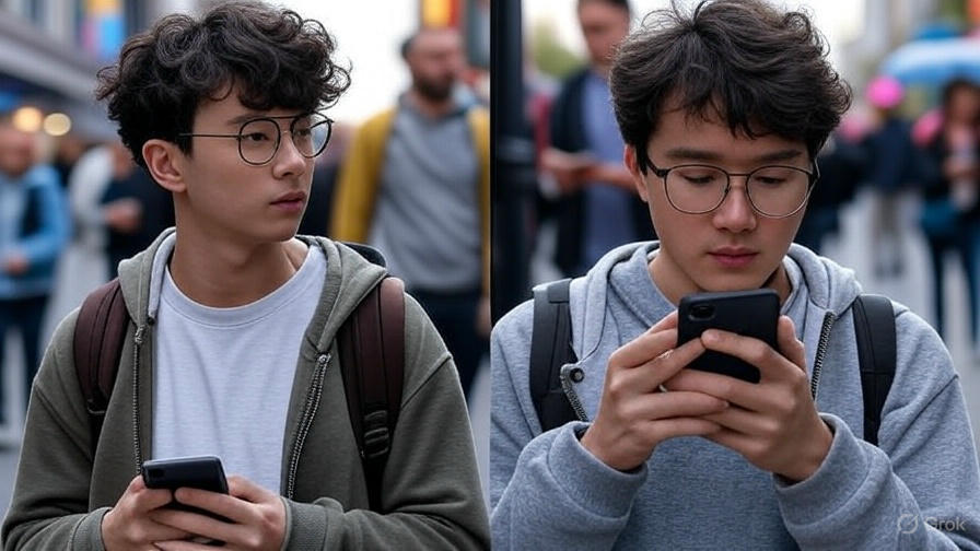 A split-screen illustration in an educational style with contrasting colors and a horizontal layout, demonstrating personal safety fundamentals. The left side shows an alert person noticing their environment, holding a phone while observing a busy street. The right side depicts a distracted person focused on their phone, unaware of their surroundings, either walking or sitting in a café.