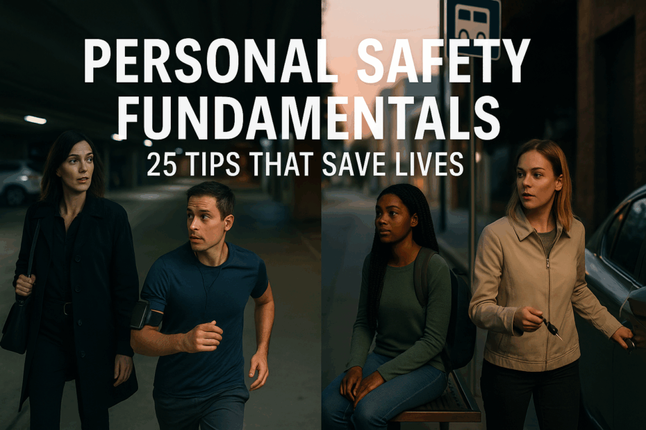 A wide-angle image showing four individuals in different urban settings practicing personal safety: a woman walking in a parking garage, a man jogging with alertness, a young woman waiting at a bus stop, and another woman holding keys near a car. The title text reads: 'PERSONAL SAFETY FUNDAMENTALS: 25 TIPS THAT SAVE LIVES.'
