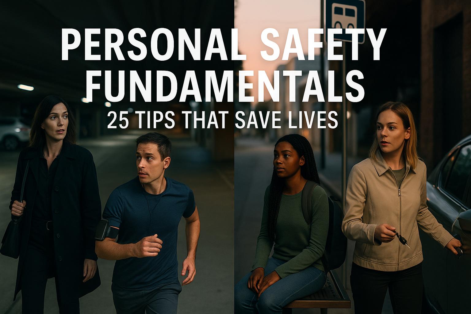 A wide-angle image showing four individuals in different urban settings practicing personal safety: a woman walking in a parking garage, a man jogging with alertness, a young woman waiting at a bus stop, and another woman holding keys near a car. The title text reads: 'PERSONAL SAFETY FUNDAMENTALS: 25 TIPS THAT SAVE LIVES.'