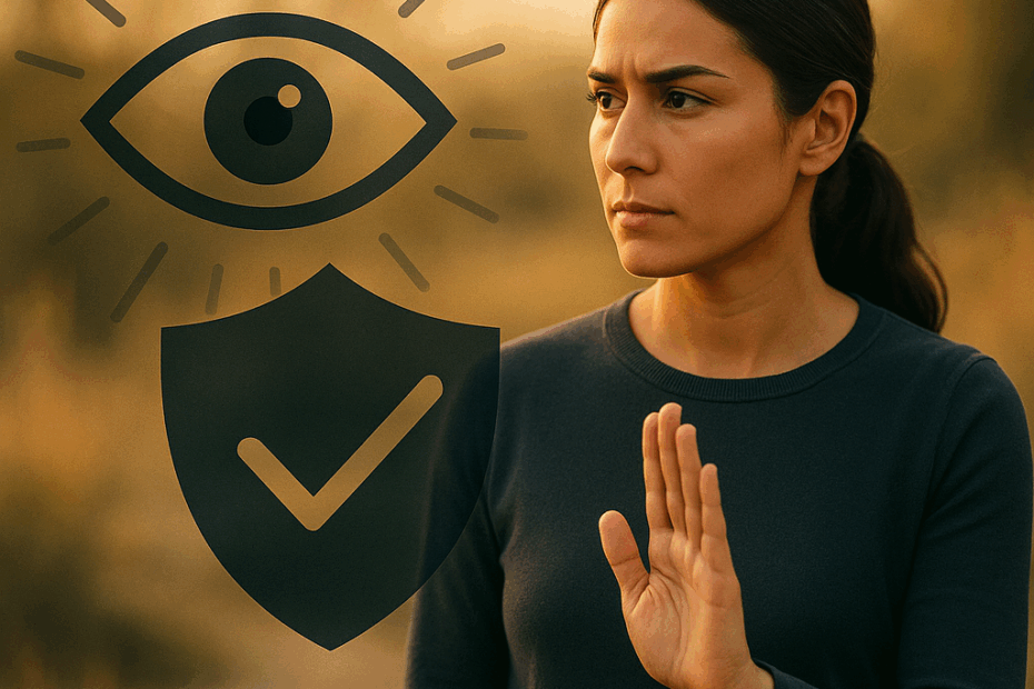 A lady in a green top developing awareness. Symbols of protection and being visually aware are also in the image.