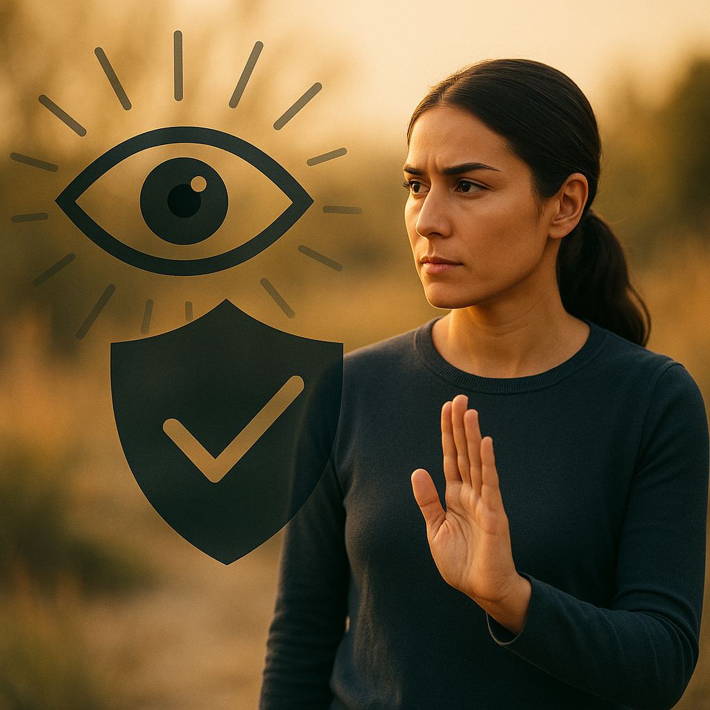 A lady in a green top developing awareness. Symbols of protection and being visually aware are also in the image.