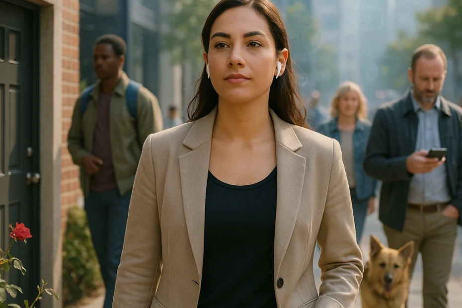 A confident young woman walks through a modern city street with one earbud in and her phone tucked away, demonstrating awareness and proactive behavior related to personal safety; around her, subtle elements like a motion-sensor light, a rose bush, and background figures reinforce a theme of alert, empowered urban living.