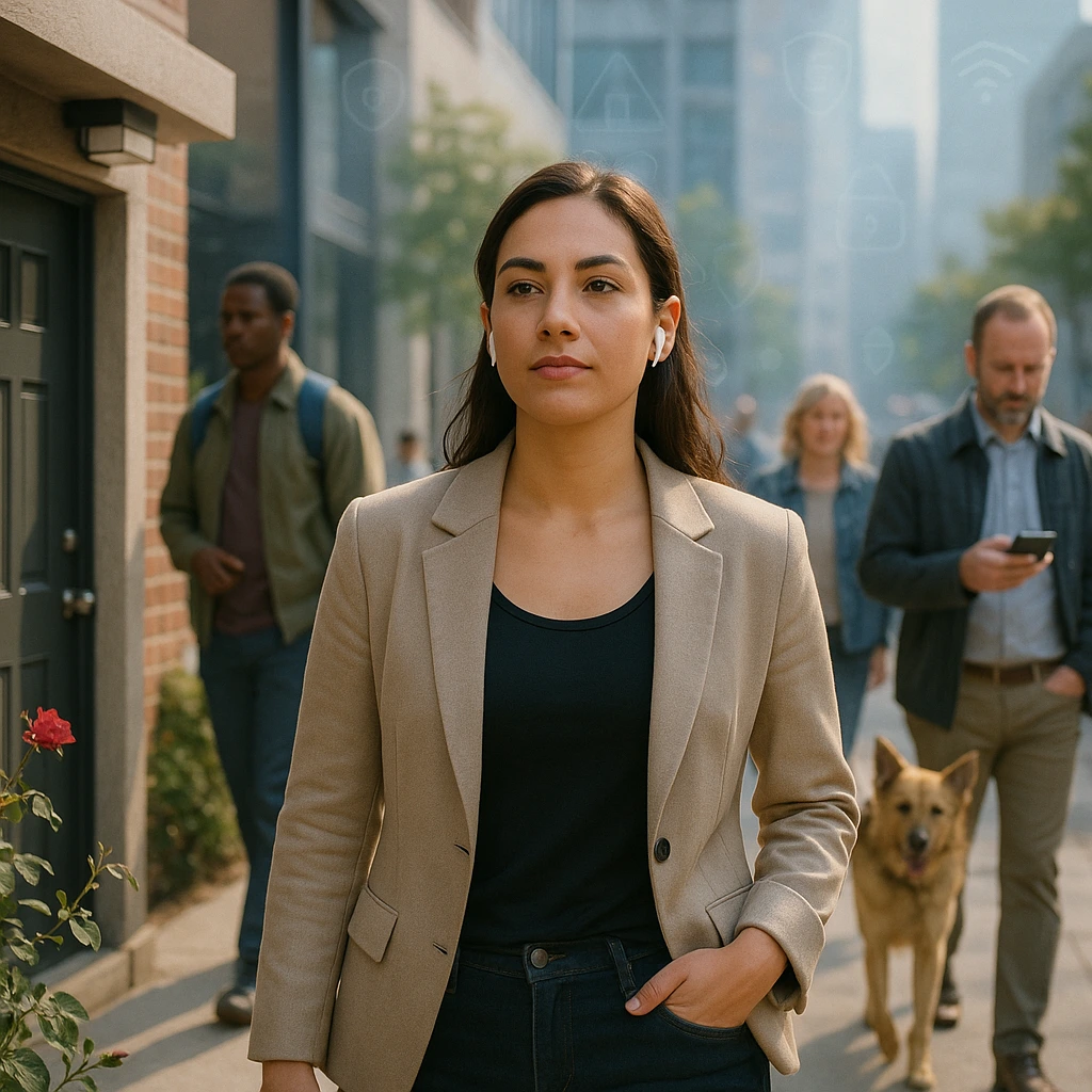 A confident young woman walks through a modern city street with one earbud in and her phone tucked away, demonstrating awareness and proactive behavior related to personal safety; around her, subtle elements like a motion-sensor light, a rose bush, and background figures reinforce a theme of alert, empowered urban living.