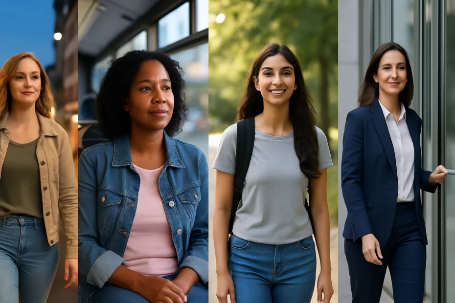 A wide-angle image illustrating personal safety for women: four diverse women confidently navigating daily life—a city street at dusk, public transport, a sunlit park, and an office entrance—each showing calm awareness and empowerment.