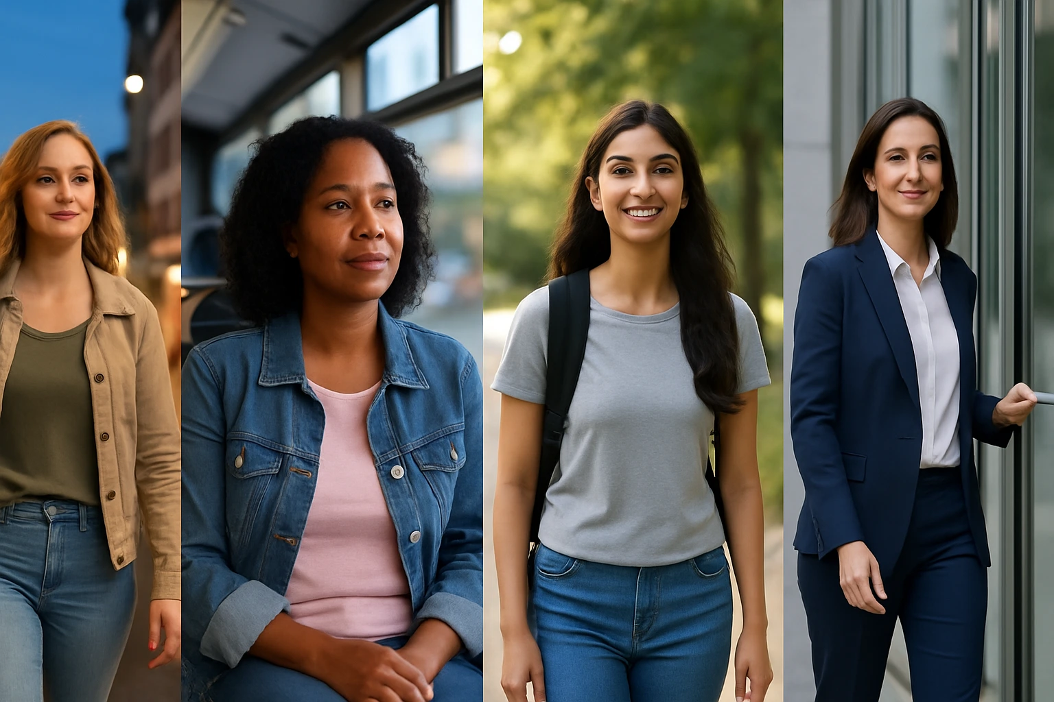 A wide-angle image illustrating personal safety for women: four diverse women confidently navigating daily life—a city street at dusk, public transport, a sunlit park, and an office entrance—each showing calm awareness and empowerment.