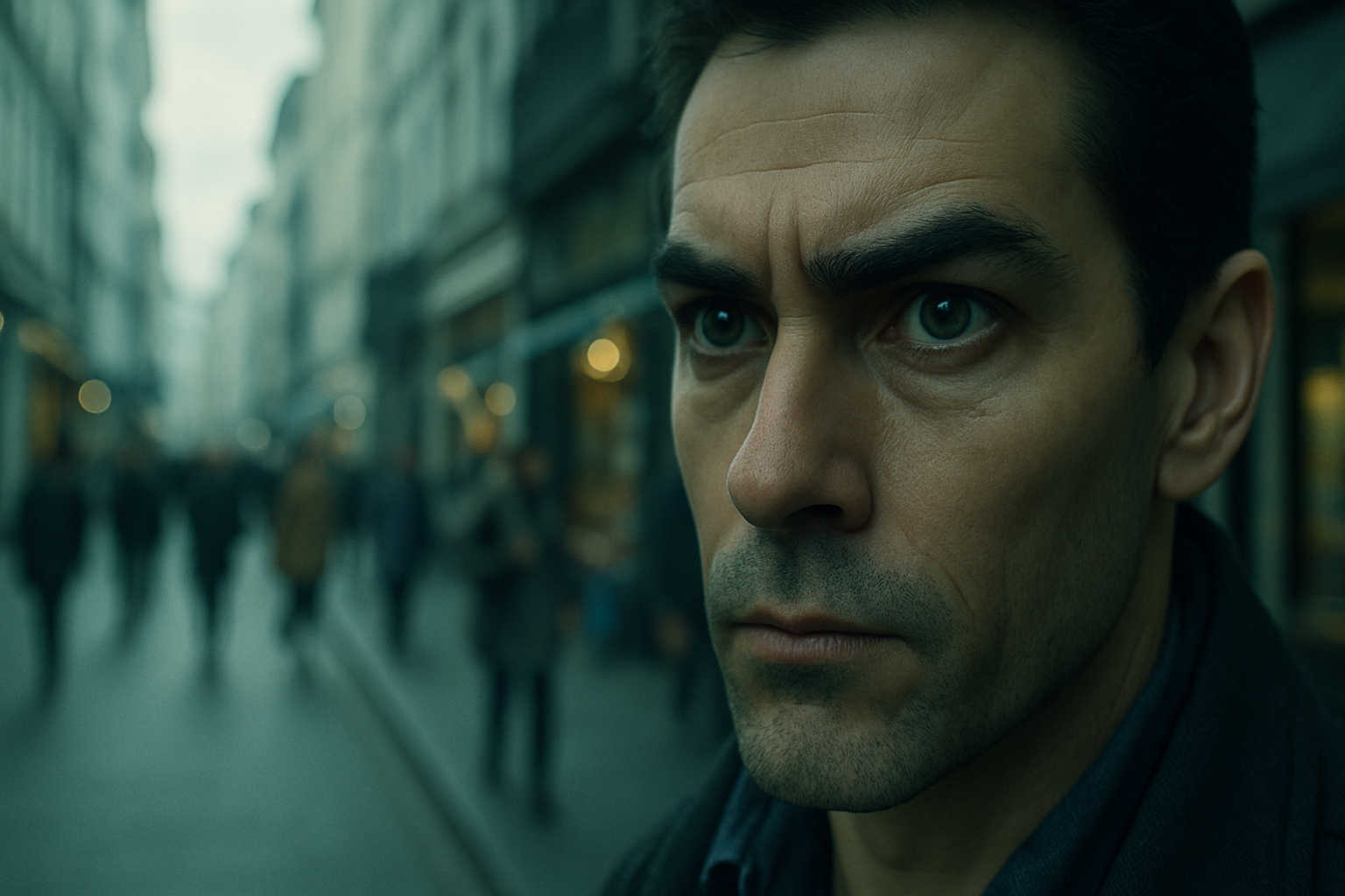 A wide-angle close-up of a serious-looking man with sharp green eyes, standing on a blurred, busy urban street. His intense, focused gaze conveys a strong sense of vigilance and awareness, capturing the mindset needed to stay safe in public. The image features cool teal and muted grey tones for a cinematic effect.