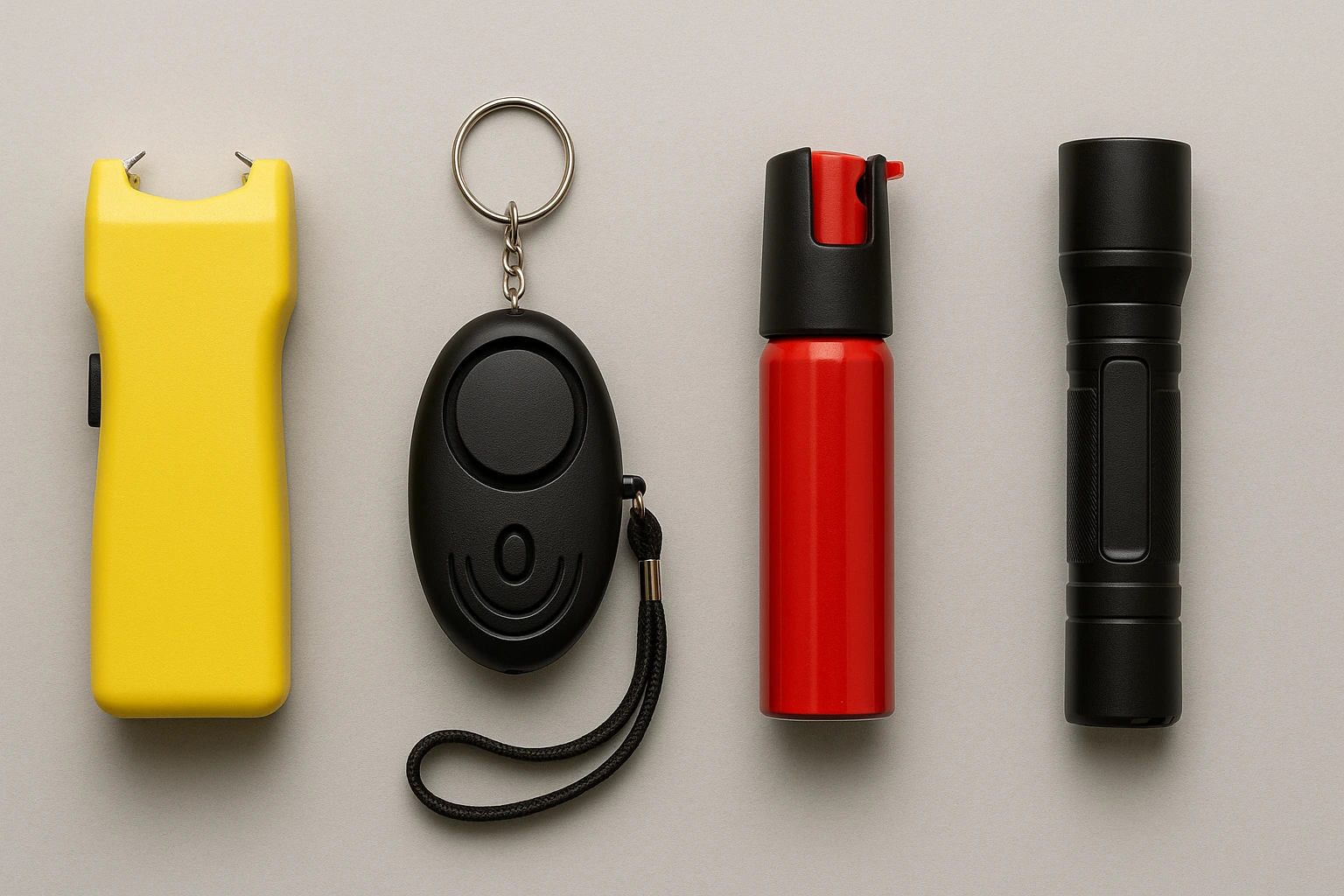 Various personal safety devices for women laid out side by side