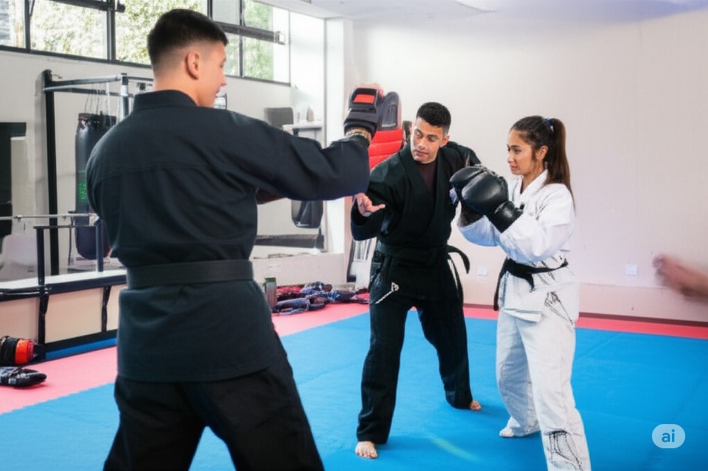 A dynamic self-defense training session with an instructor guiding a female student in protective gloves while another student holds a striking pad, illustrating practical self-defense techniques in a gym setting.