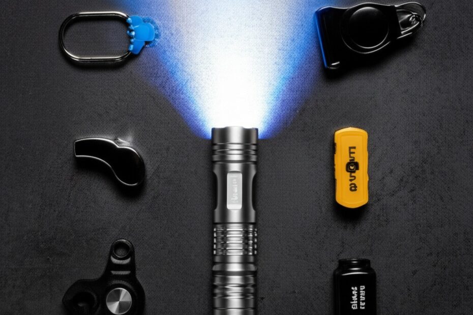 Self defense flashlights and essential safety items laid out on a concrete surface, including a first-aid kit and whistle.
