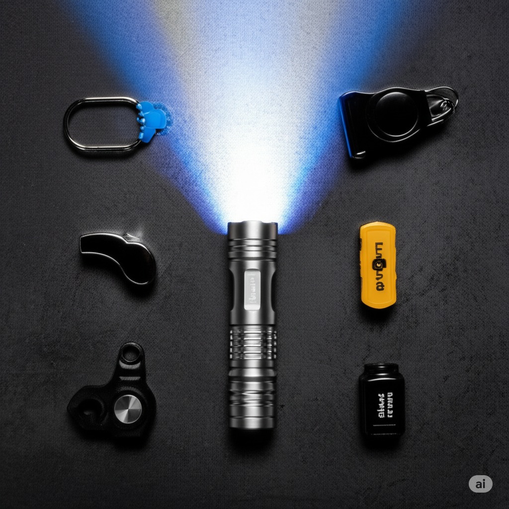 Self defense flashlights and essential safety items laid out on a concrete surface, including a first-aid kit and whistle.