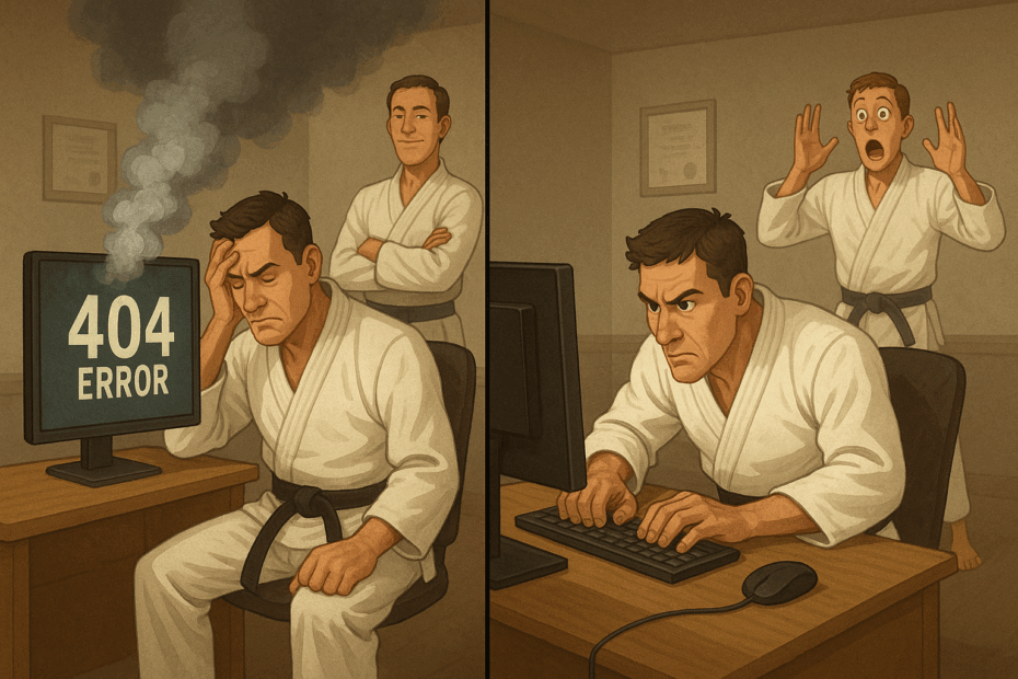 Person having computer issues cause by another. Frame 2: Effected person uses martial principles to recover and take back control.