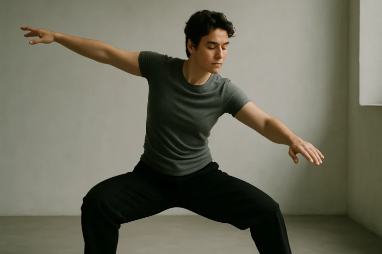 A person in a balanced, wide-legged stance moves gracefully with arms extended, embodying the concept of "move with your core." Their expression is calm and focused, emphasizing inner strength, stability, and fluid motion. The minimalist studio background and soft lighting highlight the natural flow and control centered in their torso and hips.