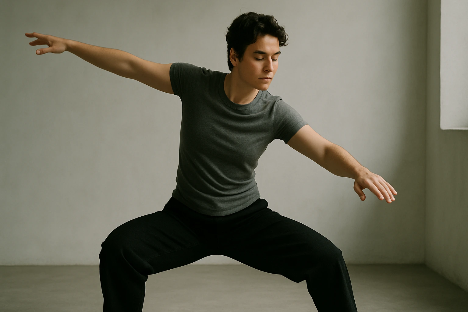 A person in a balanced, wide-legged stance moves gracefully with arms extended, embodying the concept of "move with your core." Their expression is calm and focused, emphasizing inner strength, stability, and fluid motion. The minimalist studio background and soft lighting highlight the natural flow and control centered in their torso and hips.