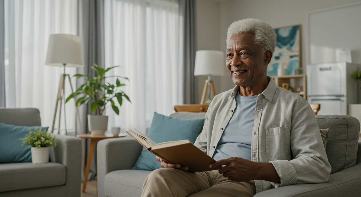 personal safety for seniors allowing a senior female to read while physically and emotionally comfortable.