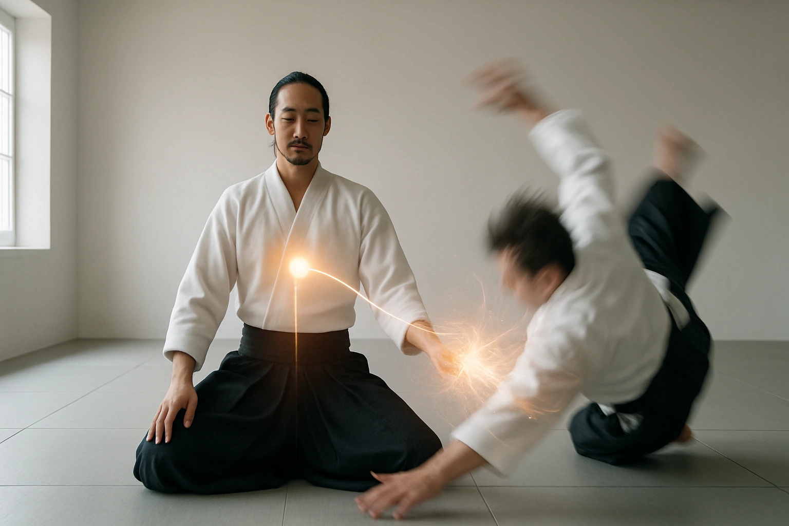 A photo-realistic image of two martial artists in a minimalist dojo with soft natural light. The calm, centered practitioner is kneeling with eyes closed, subtly deflecting an off-balance opponent mid-fall. A glowing energy line connects their cores, symbolizing the shared central line. The practitioner's core glows steadily, while the opponent's energy is chaotic, emphasizing internal stability and self-control in martial arts.