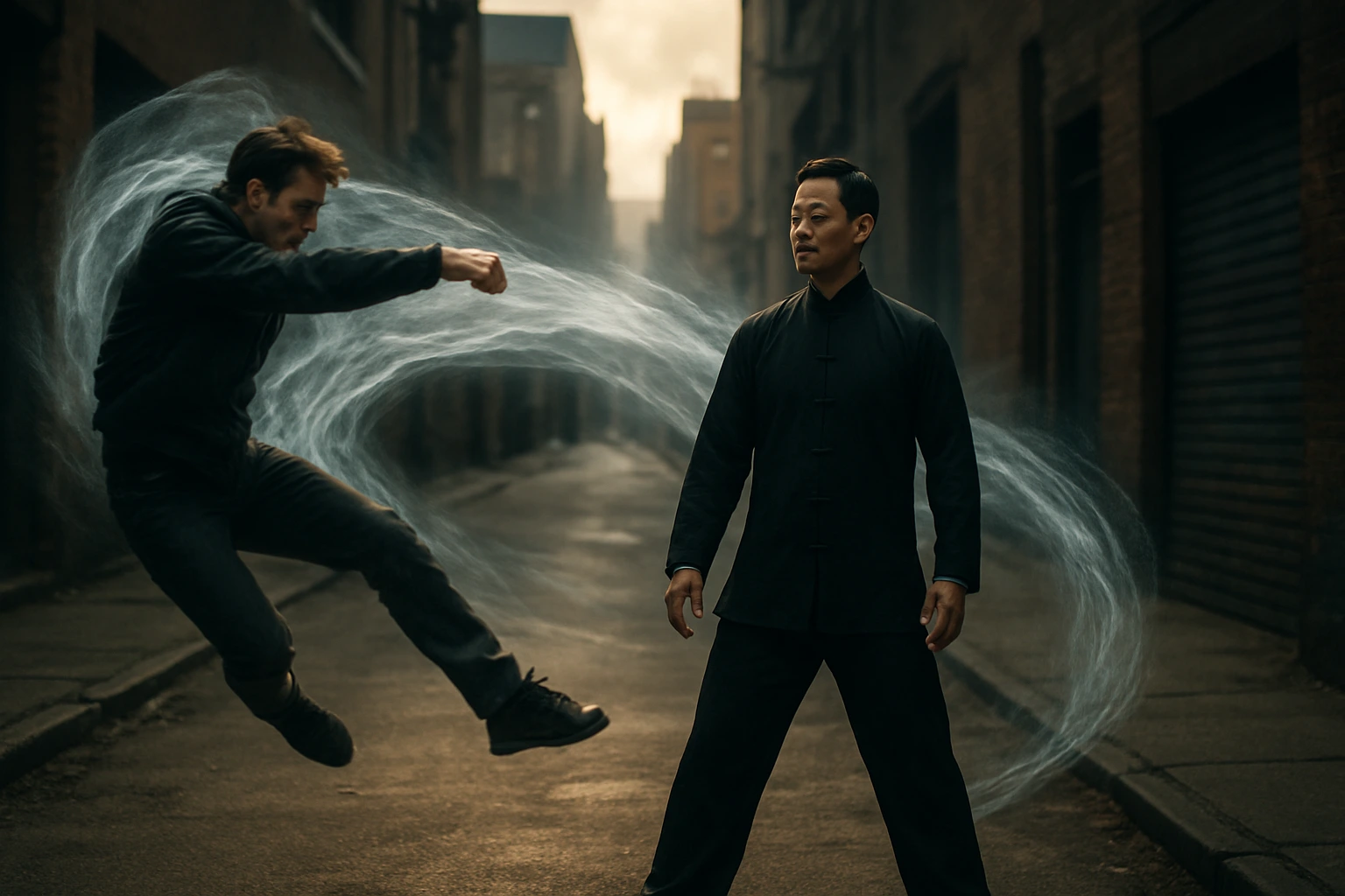 A cinematic urban street scene shows a martial arts practitioner standing calm and centered as an attacker launches a powerful mid-air punch. A semi-transparent wave of energy bends the strike away, leaving the attacker off-balance. The practitioner’s stillness and effortless control highlight how to generate power in personal safety through redirection rather than force.