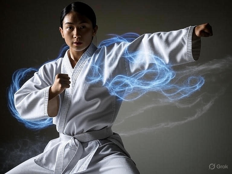 A gender-neutral martial artist in a white martial arts uniform performs a powerful, fluid strike in a sterile studio environment. The image captures the motion of the body, showing a seamless transfer of energy from the core through a whipping arm to a relaxed fist, with a subtle downward drop of weight indicating controlled balance. Dramatic lighting highlights the unified form, while swirling blue energy lines emphasize the movement's physics. The artist's expression remains calm and centered, reflecting control and purpose, with "Use Your Power Effectively" embodied in the effortless flow. No text or additional elements.