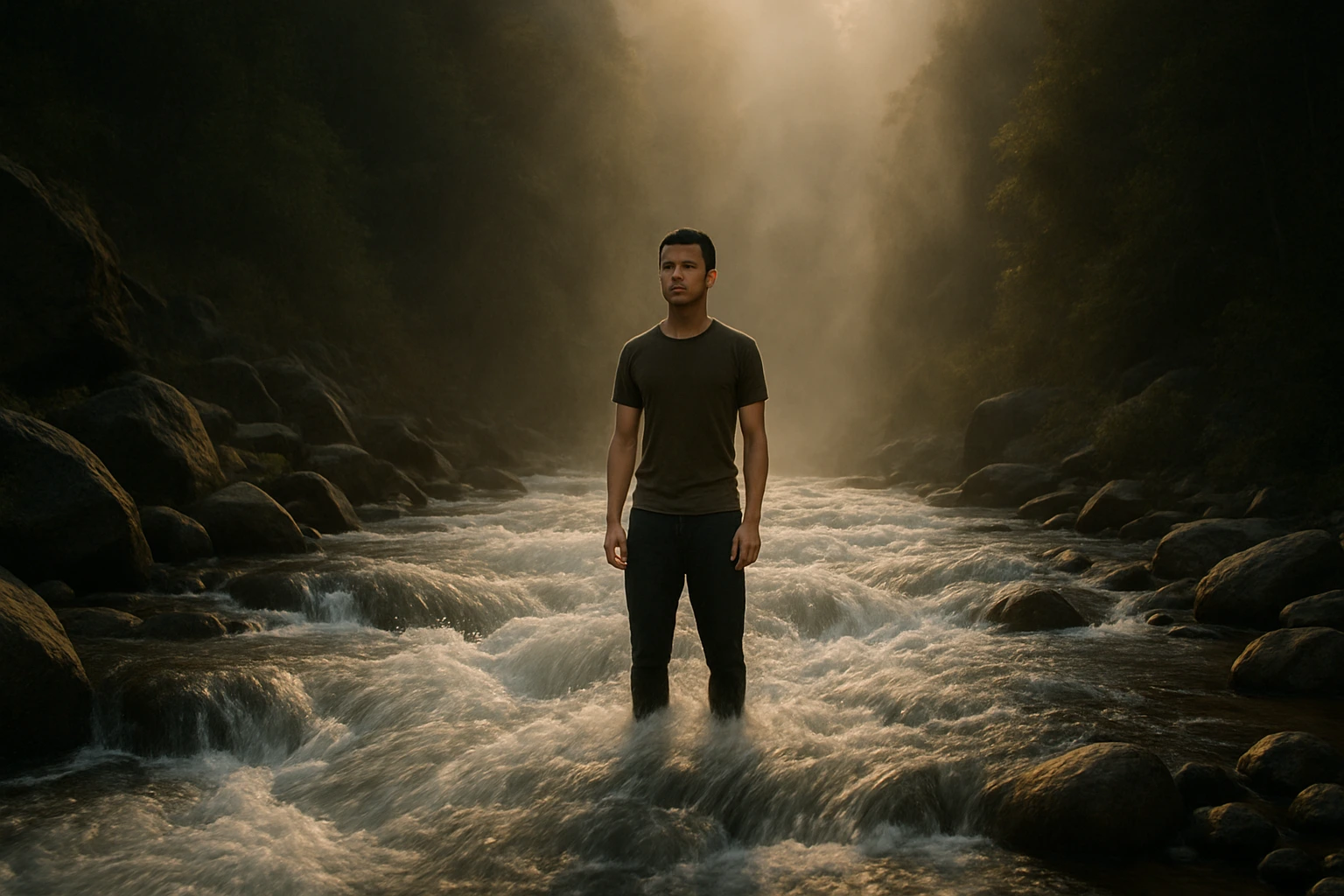 A wide-angle view of a man standing calmly in the middle of a fast-flowing river, surrounded by rocky banks and misty golden-hour light. The water rushes and parts around him, yet he remains steady and focused, gazing down the river with serene confidence, perfectly capturing the essence of forward intention.