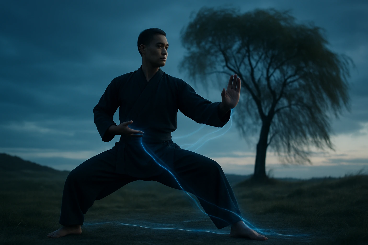 A martial artist in black attire holds a strong, grounded stance in a windswept field, a lone willow tree swaying in the background. Soft blue energy lines flow from the ground through his body and out of his hands, visually representing the structural wedge principle in action.