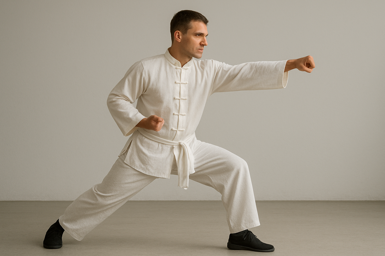 A martial artist in a white kung fu uniform performs a forward punch while taking a natural walking step, embodying balance, control and power against a neutral studio background.