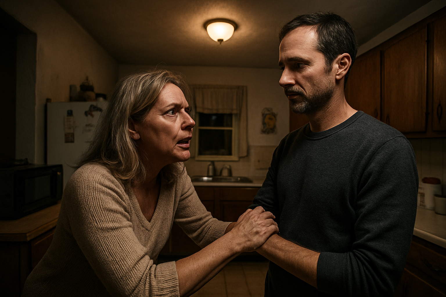 In a dimly lit, modest kitchen, a tense moment unfolds as a frustrated woman grips her calm husband’s forearm. His composed posture and steady gaze embody the triangle principle—anchored, balanced, and unyielding despite the charged emotional atmosphere.