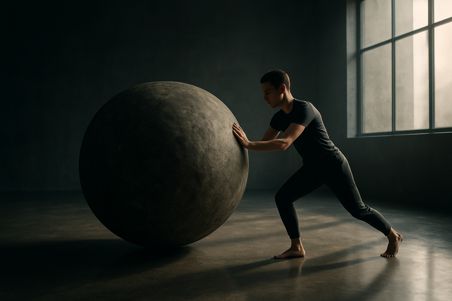 A photo-realistic cinematic shot of a person in minimalist athletic clothing guiding a massive stone sphere across a polished concrete floor with one hand, their body calm and perfectly balanced, embodying the principle of effortless action.