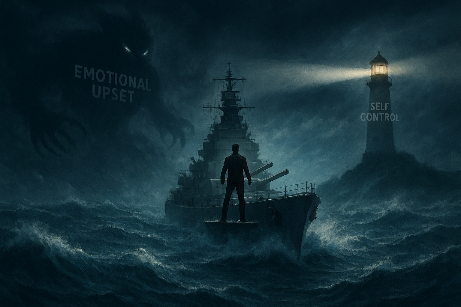 A lone figure stands firmly on the bow of a powerful battleship cutting through stormy seas, facing a looming shadowy monster labeled “Emotional Upset” in the clouds, while a lighthouse to the right shines a guiding beam marked “Self-Control,” symbolizing strength, resilience, and calm navigation amidst chaos.