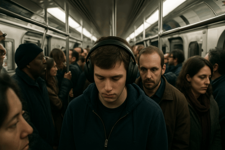 A crowded subway car under fluorescent lights shows a person wearing large noise-canceling headphones, unaware of their surroundings, while another passenger stands uncomfortably close behind them — illustrating the importance of awareness in Subway Safety Tips.