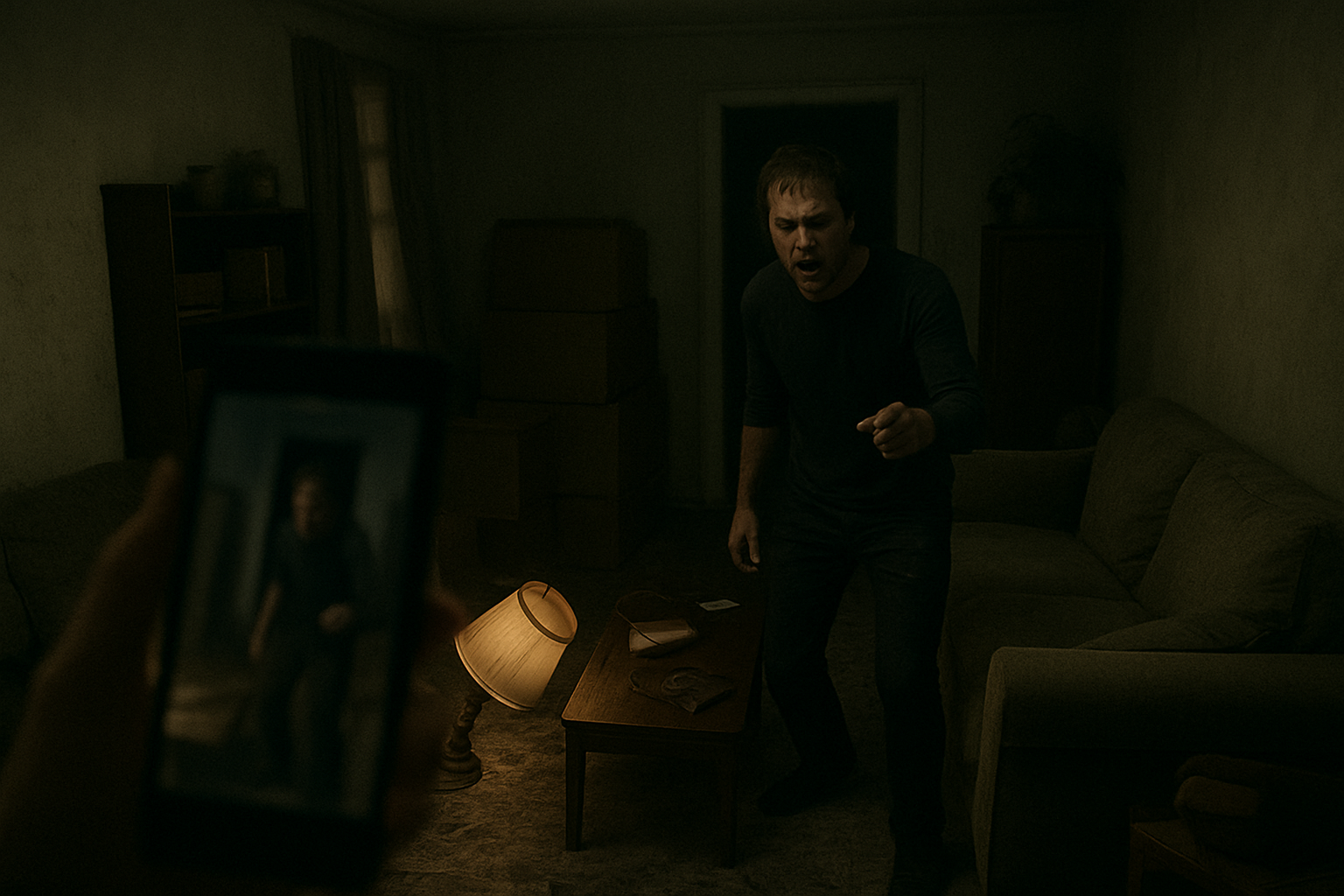 A dimly lit living room shows signs of disarray with a knocked-over lamp and packed boxes, as a person in the foreground records on a smartphone while an agitated man blocks the exit — symbolizing the tension and fear often present when fleeing domestic violence situations.