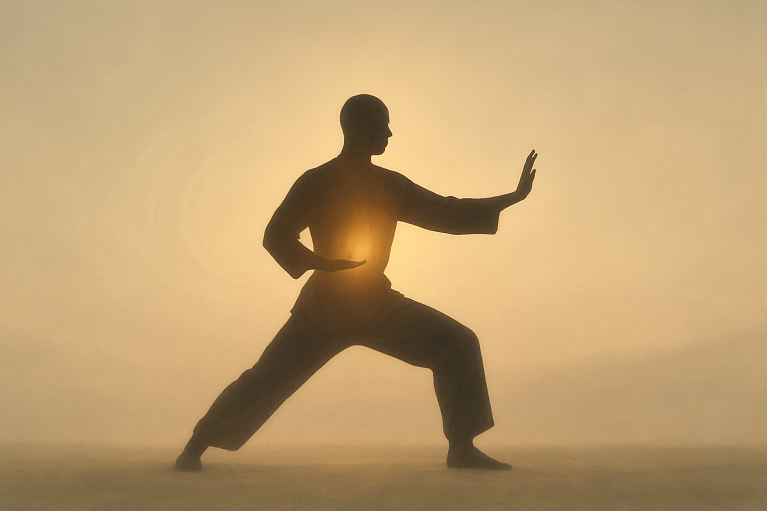 A photorealistic, wide-angle silhouette of a martial artist at sunset, exhibiting perfect balance and a radiant glow of passive energy emanating from their core.