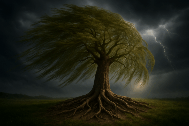 A majestic willow tree stands firm during a fierce windstorm, its strong roots and solid trunk symbolizing resilience while its bending branches flow with the gusts, beautifully illustrating the concept of passive resistance.