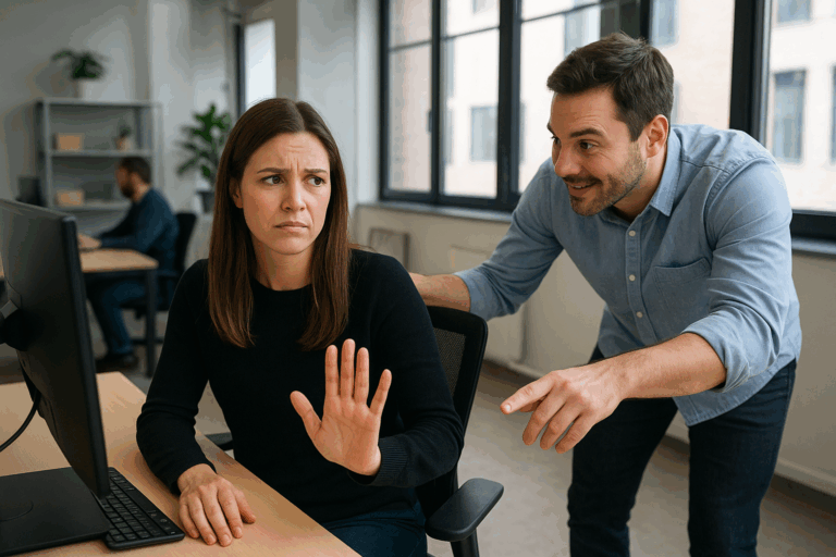 A woman sits at her office desk, holding up her hand to signal discomfort as a male coworker leans in too close and points at her computer screen. The scene illustrates a violation of personal space, visually representing the need for clear workplace boundaries.