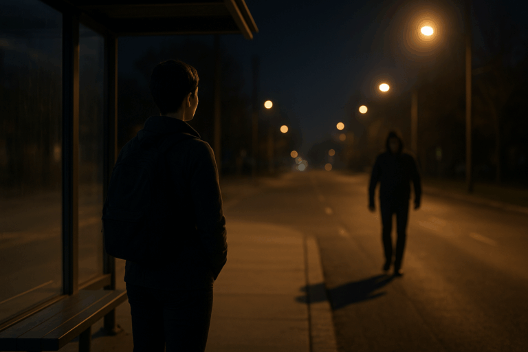 A young adult stands in a dimly lit urban street, facing an approaching stranger with tense body language. The scene captures a moment of heightened awareness and self-control, emphasizing personal composure and readiness in handling aggressive strangers.