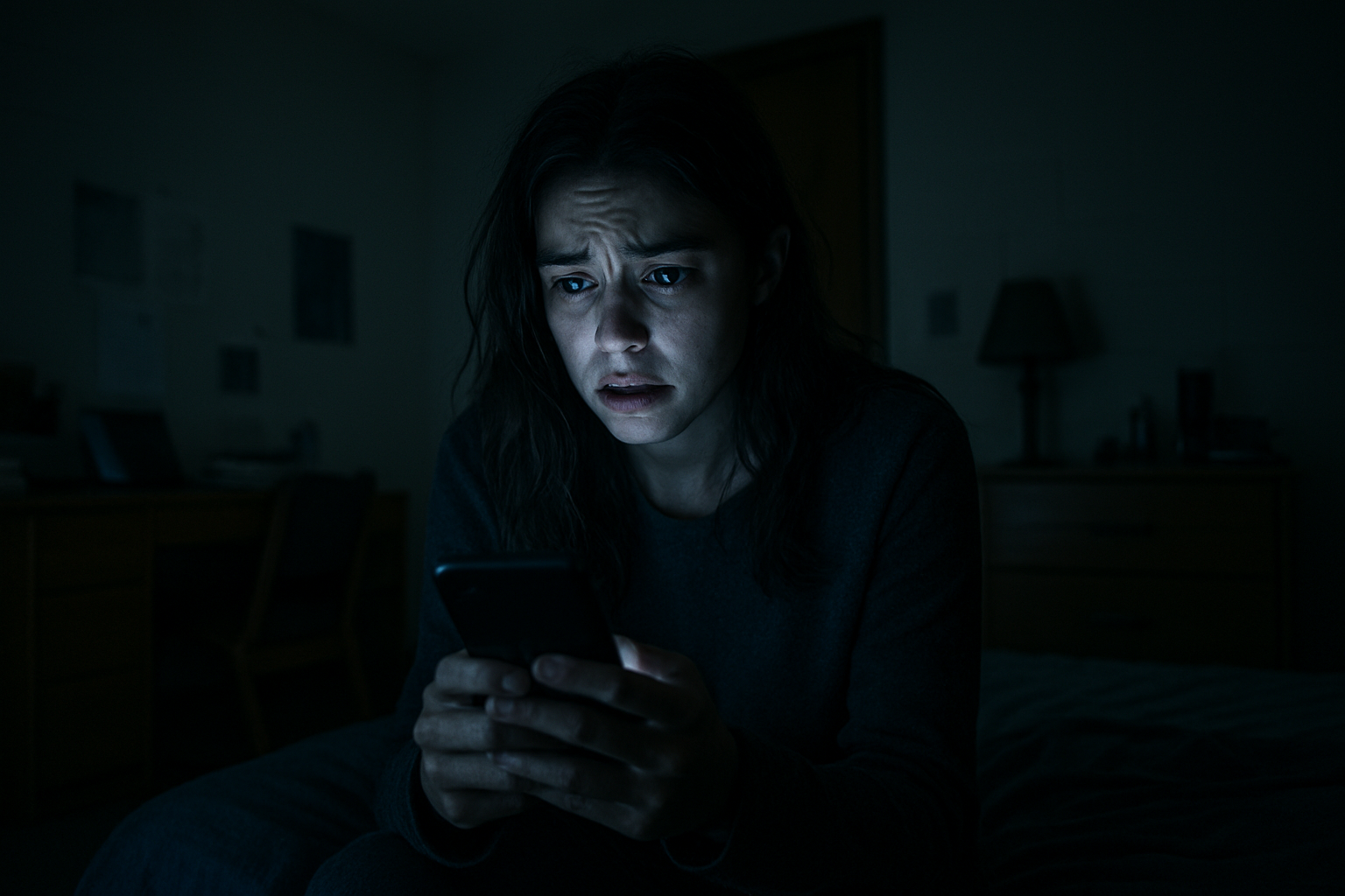 A distressed young woman sits alone in a dark dorm room, her face lit by the harsh blue glow of her smartphone as she stares at the screen in fear. The blurred background emphasizes her isolation, creating a tense atmosphere that reflects the vulnerability often associated with an AI photo scsam.