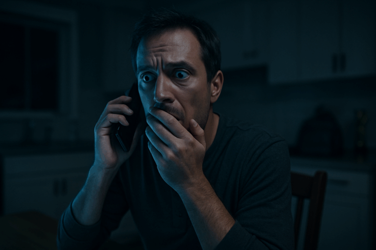 Man looking shocked and terrified while on a phone call, experiencing an AI voice scam.