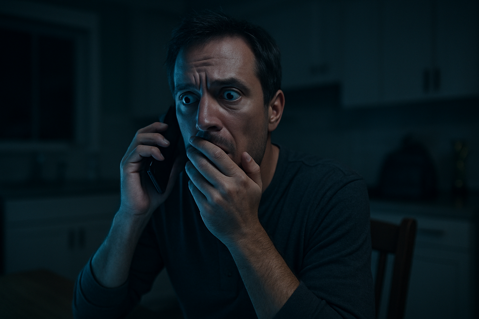 Man looking shocked and terrified while on a phone call, experiencing an AI voice scam.