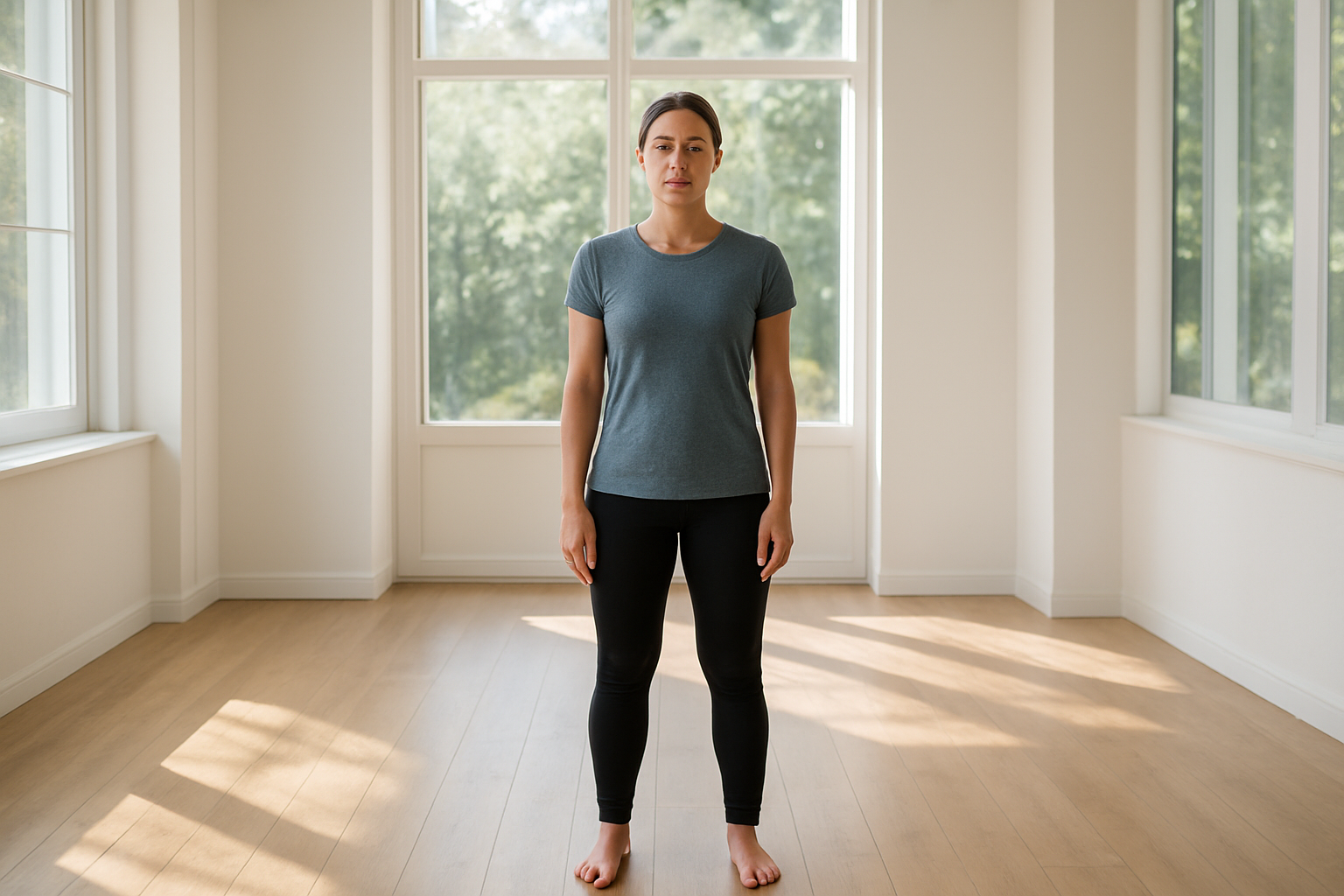 A woman in her late 30s stands calmly in a bright, modern studio with large windows and natural light, demonstrating confidence and mindfulness—symbolizing the balance and awareness taught through personal safety coaching.