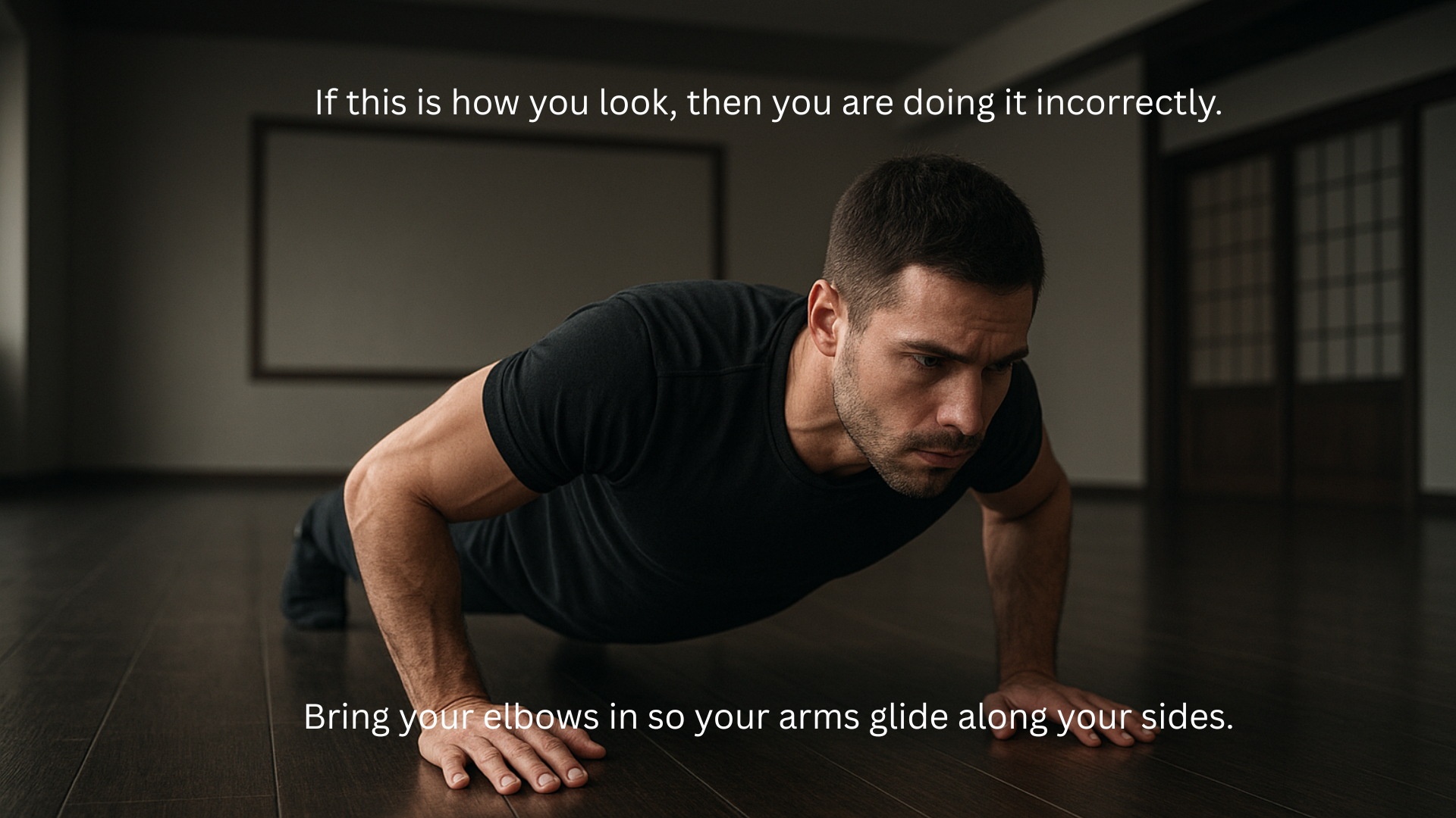 Man demonstrating a common mistake in martial arts exercises, with flared elbows on a push-up