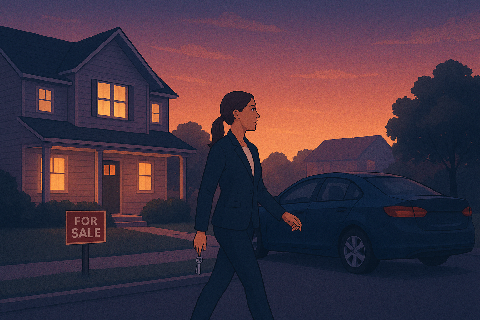An agent walking purposefully to her car on the street after an open house.