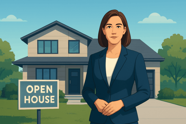 A confident female real estate agent stands in front of a modern suburban home under a bright blue sky, conveying calm professionalism and control during a safe open house. The clean, wide-angle composition shows the house, neat landscaping, and the agent’s poised, reassuring expression in a welcoming, secure setting.
