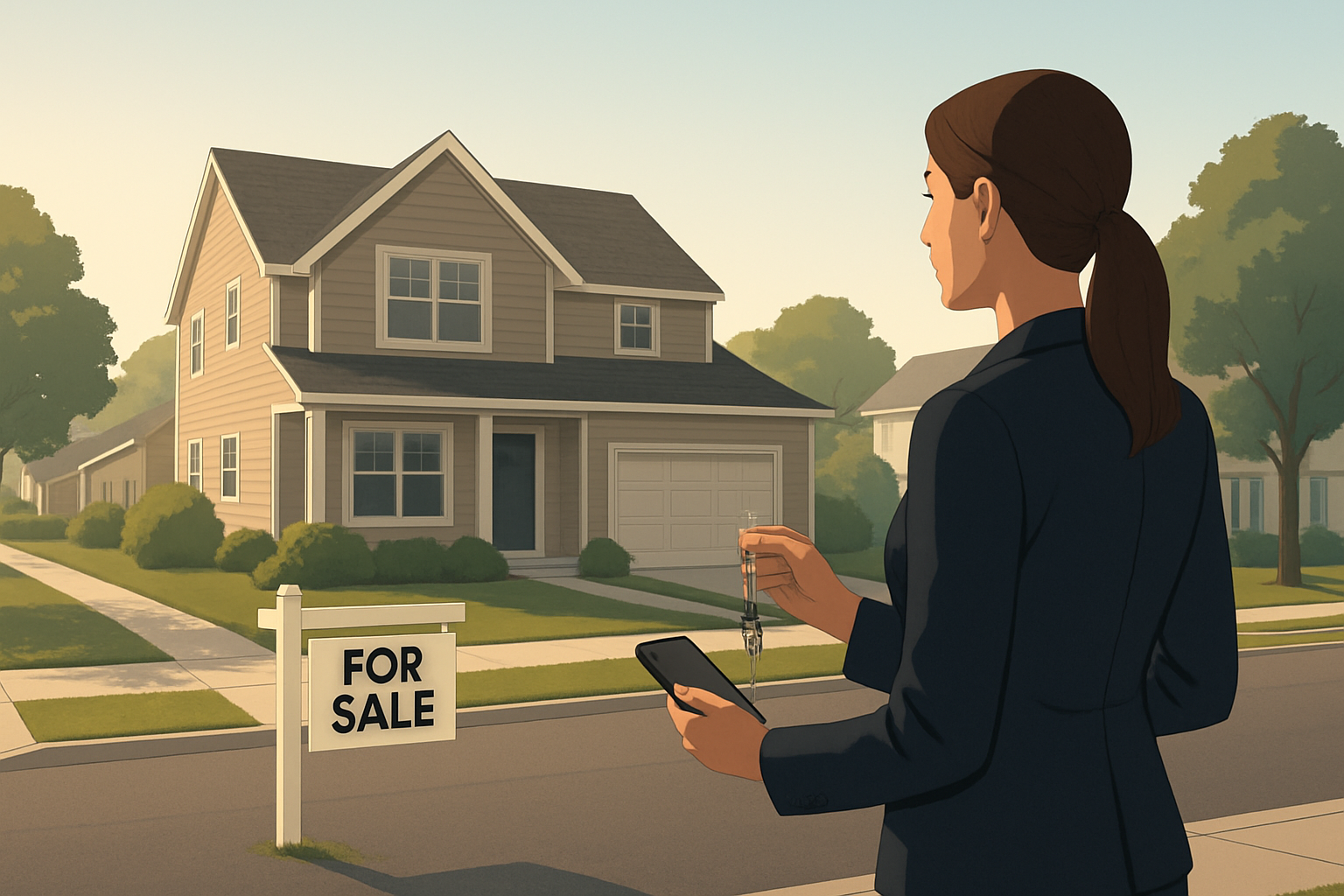 A real estate agent arriving at an open house, looking aware and prepared.