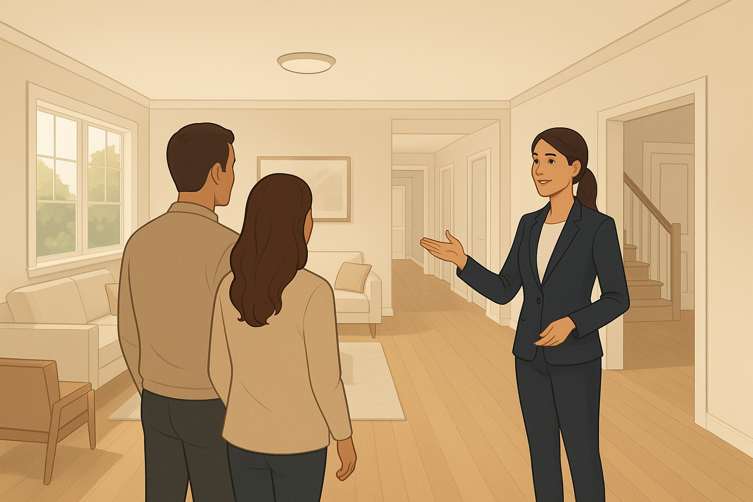 A real estate agent guiding guests from a safe position near an exit.