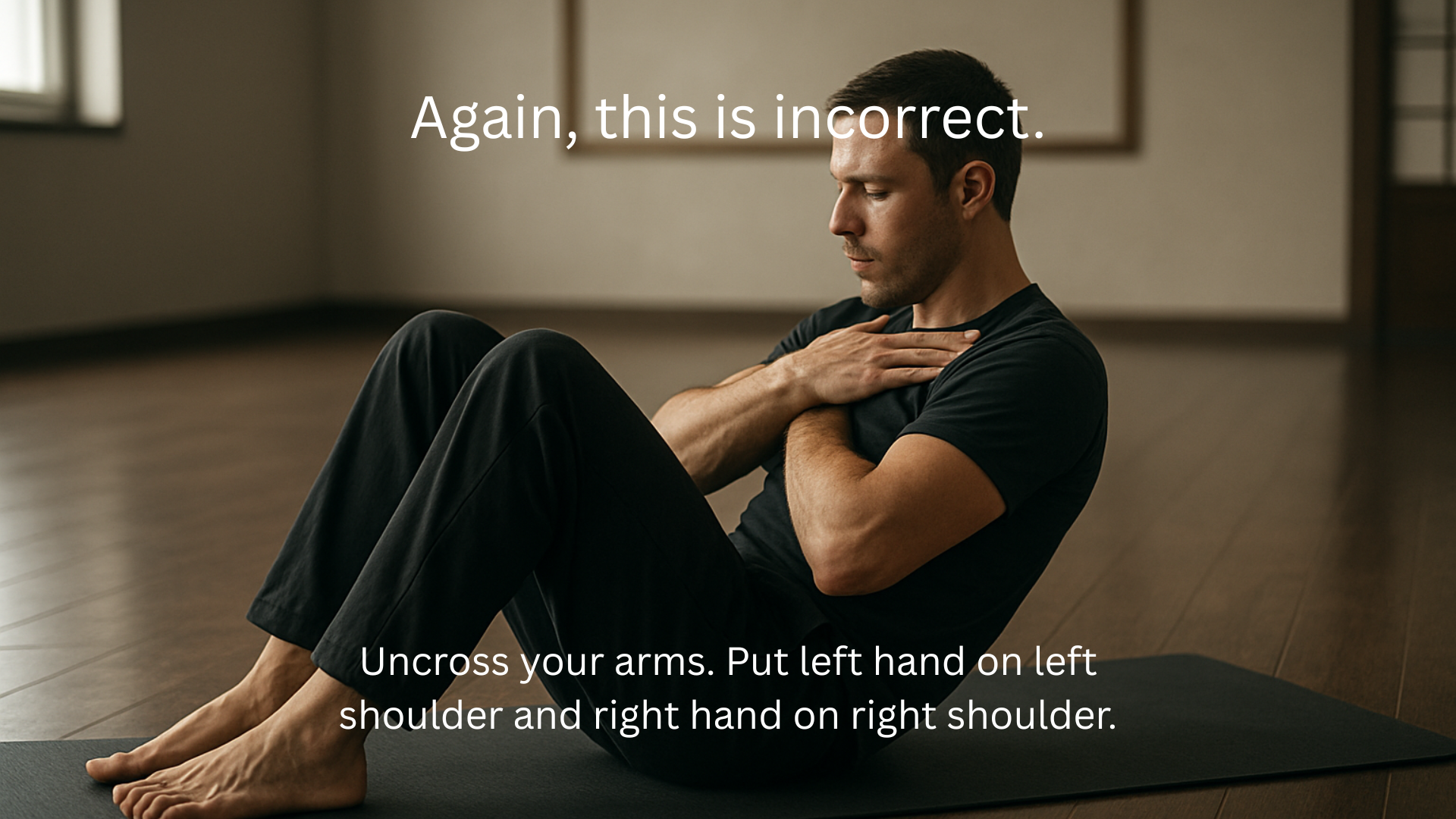 Man demonstrating incorrect martial arts exercise form for a sit-up, with arms crossed