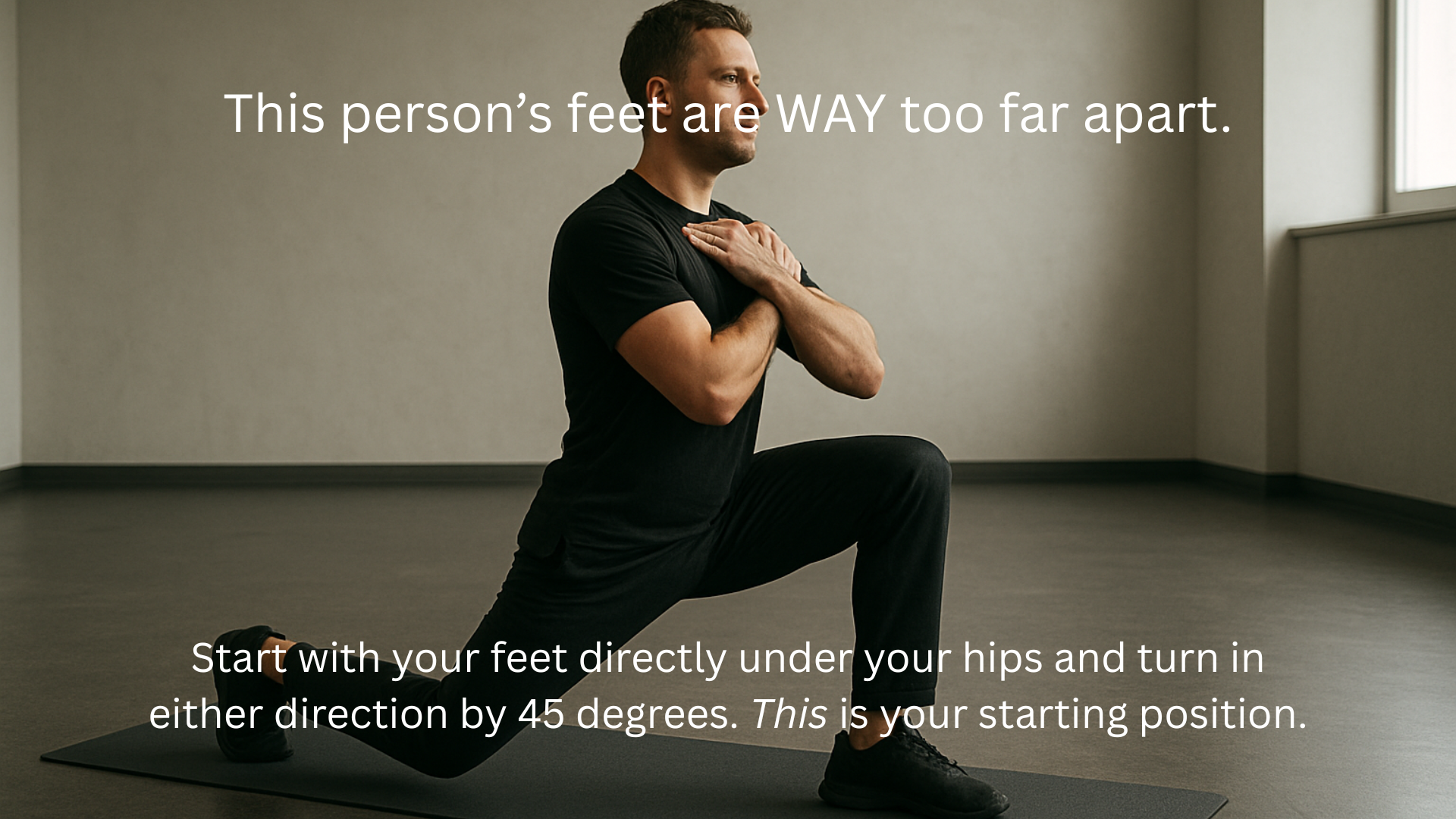 Man demonstrating an incorrect split squat, a common mistake in martial arts exercises, by having too long a stride