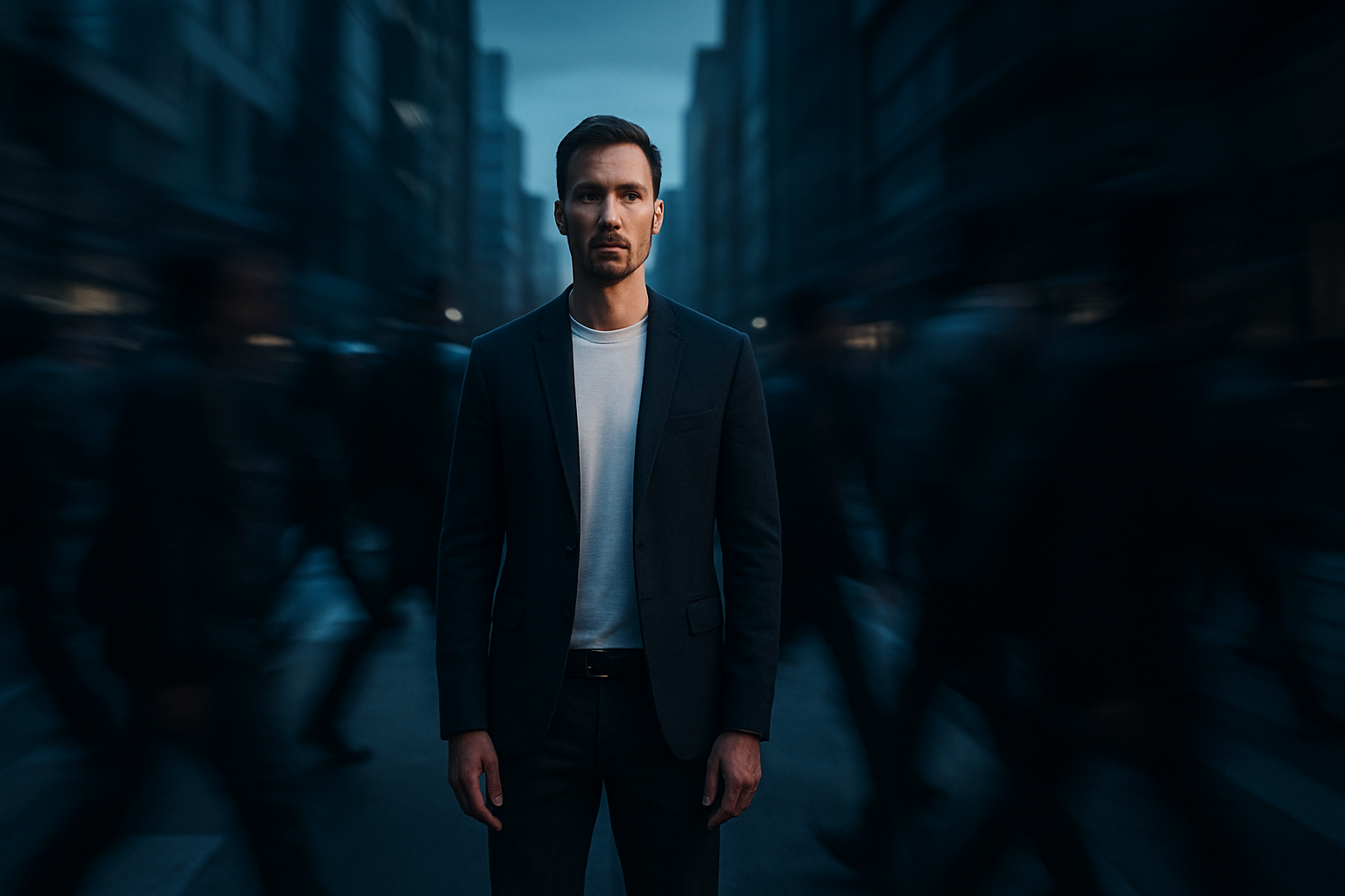 A calm, confident man stands completely still in the middle of a motion-blurred urban street at twilight, sharply in focus while crowds rush past him, symbolizing clarity and control—your way to safety.