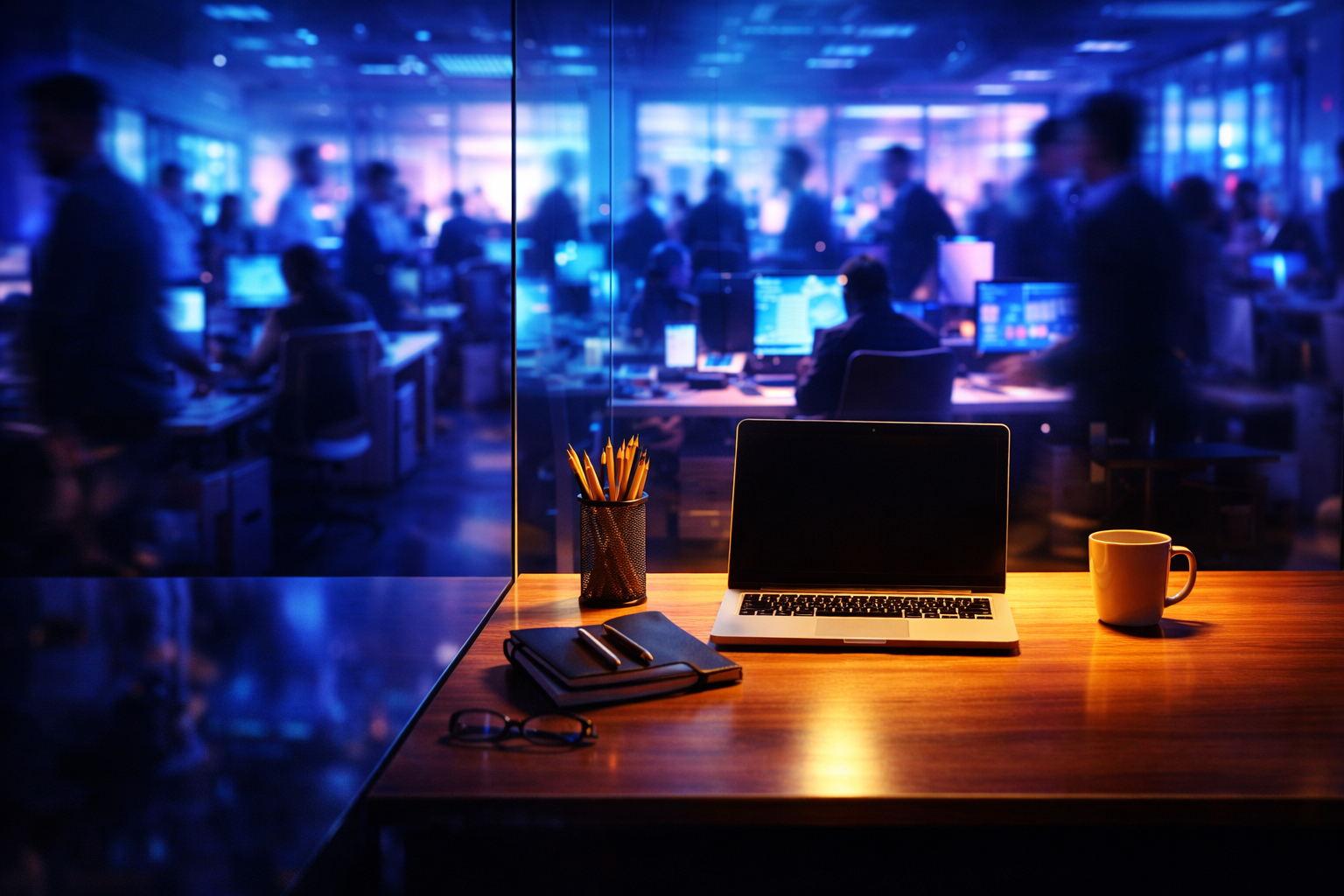 Cinematic office scene showing a calm, organized desk glowing in warm amber light in the foreground, separated by a clear glass barrier from a blurred, chaotic office in cool blue and purple tones—symbolizing professional boundaries and strategic insulation when dealing with a Passive Aggressive Coworker.