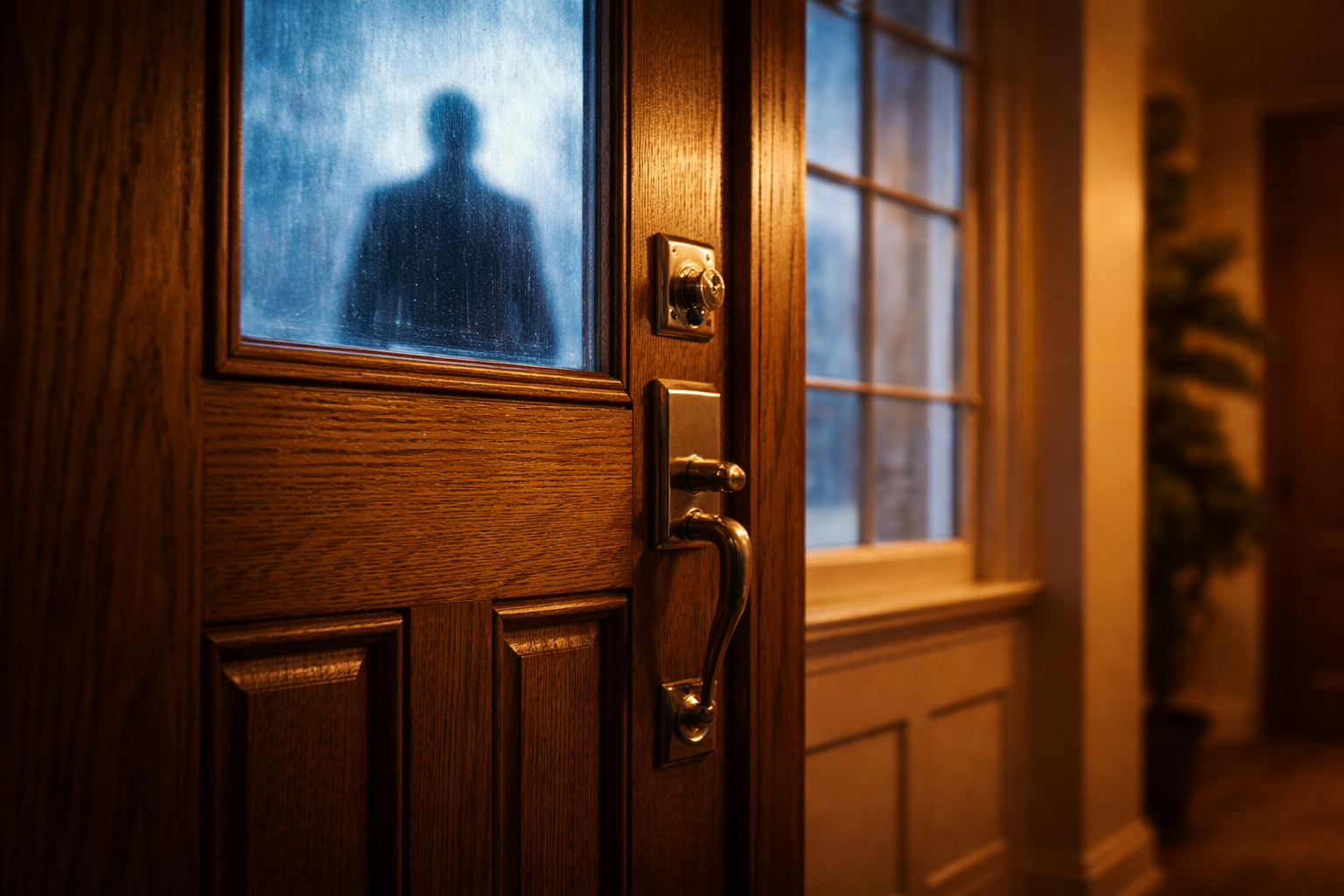 A warm, amber-lit hallway frames a solid oak front door from the inside, with the deadbolt and lock in sharp focus while a blurred, cool-toned silhouette appears behind frosted glass outside—evoking safety, control, and the tension of doorbell anxiety.